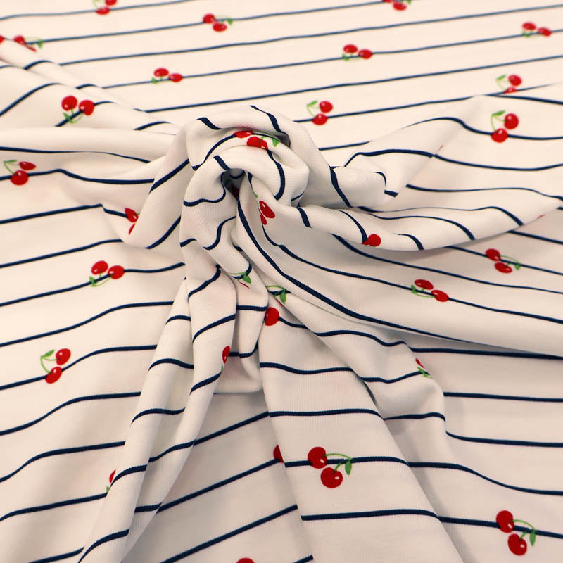 95% Cotton 5% Elastane White Jersey Fabric - Cherry Print and Navy Stripe