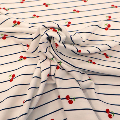 95% Cotton 5% Elastane White Jersey Fabric - Cherry Print and Navy Stripe