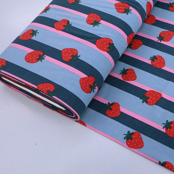 95% Cotton 5% Elastane Cotton Jersey Fabric - with a Strawberry print and Blue and Pink Stripes