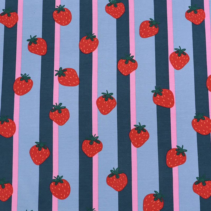 95% Cotton 5% Elastane Cotton Jersey Fabric - with a Strawberry print and Blue and Pink Stripes