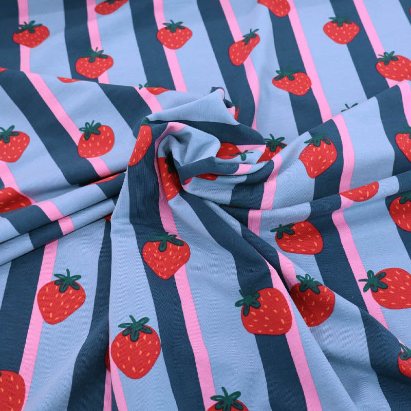 95% Cotton 5% Elastane Cotton Jersey Fabric - with a Strawberry print and Blue and Pink Stripes