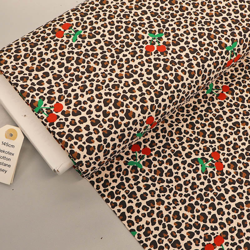 95% Cotton 5% Elastane Leopard and Cherry Print Jersey Fabric