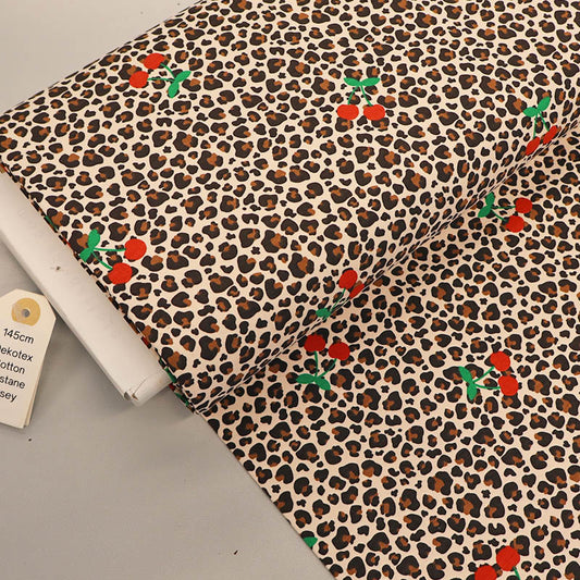 95% Cotton 5% Elastane Leopard and Cherry Print Jersey Fabric