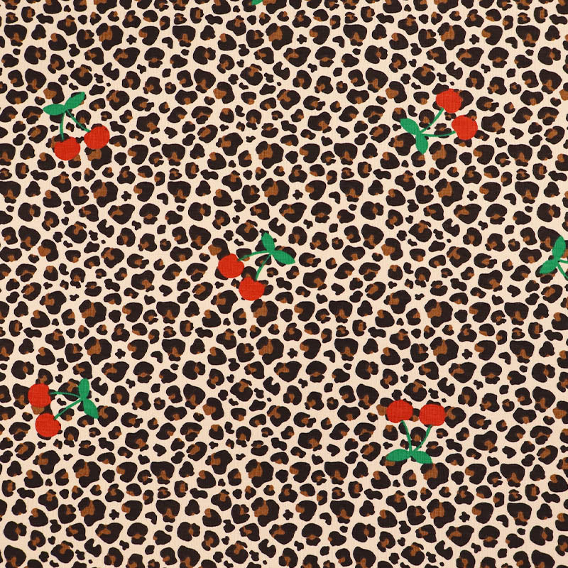 95% Cotton 5% Elastane Leopard and Cherry Print Jersey Fabric
