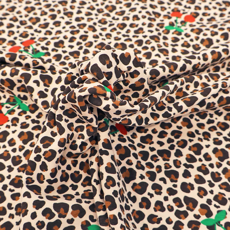 95% Cotton 5% Elastane Leopard and Cherry Print Jersey Fabric