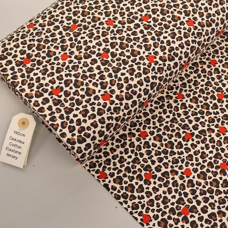 95% Cotton 5% Elastane Leopard and Heart Print Jersey Fabric