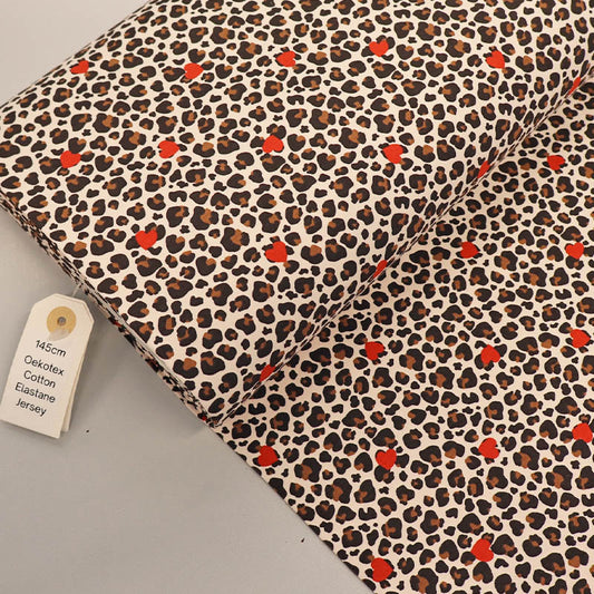 95% Cotton 5% Elastane Leopard and Heart Print Jersey Fabric