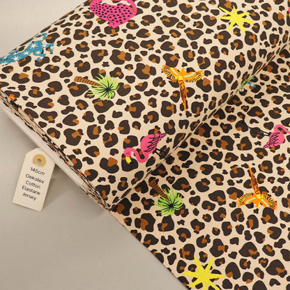  95% Cotton 5% Elastane Leopard Print French Terry Fabric with Tropical Motifs 