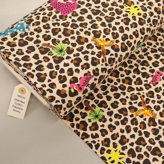 95% Cotton 5% Elastane Leopard Print French Terry Fabric with Tropical Motifs 
