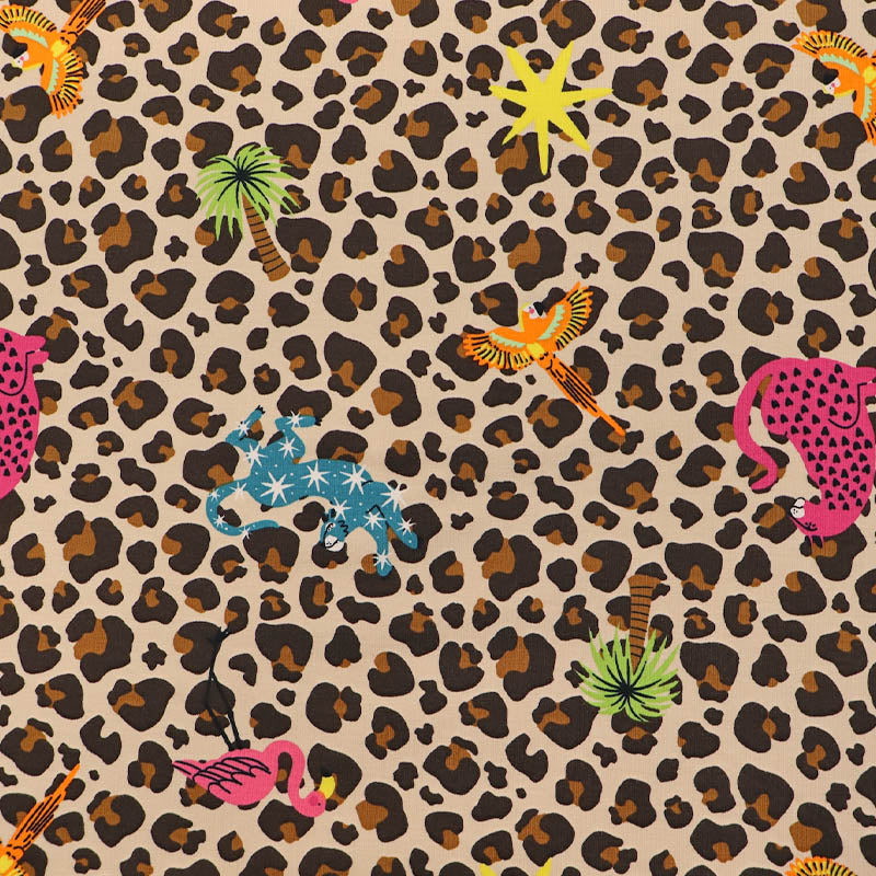  95% Cotton 5% Elastane Leopard Print French Terry Fabric with Tropical Motifs 