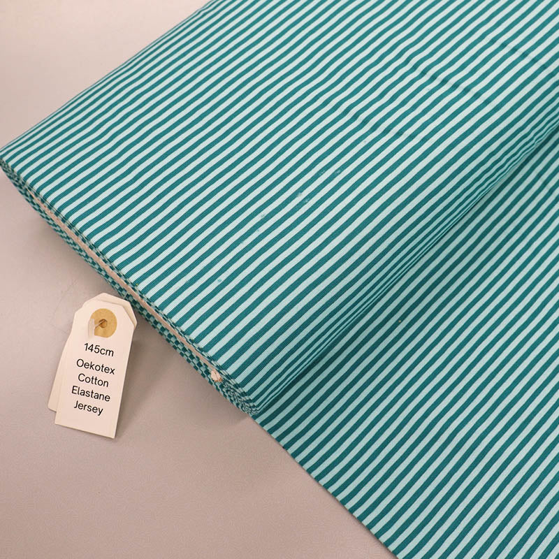 92% Cotton 8% Elastane Tricot Jersey Fabric - Narrow Green 2 tone Stripe