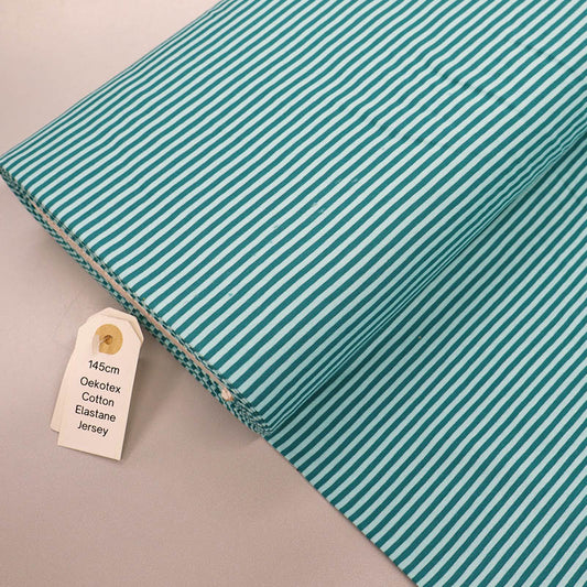 92% Cotton 8% Elastane Tricot Jersey Fabric - Narrow Green 2 tone Stripe