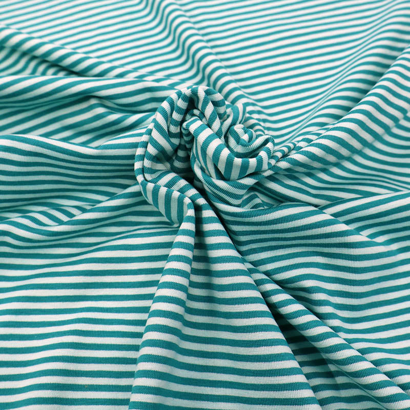 92% Cotton 8% Elastane Tricot Jersey Fabric - Narrow Green 2 tone Stripe