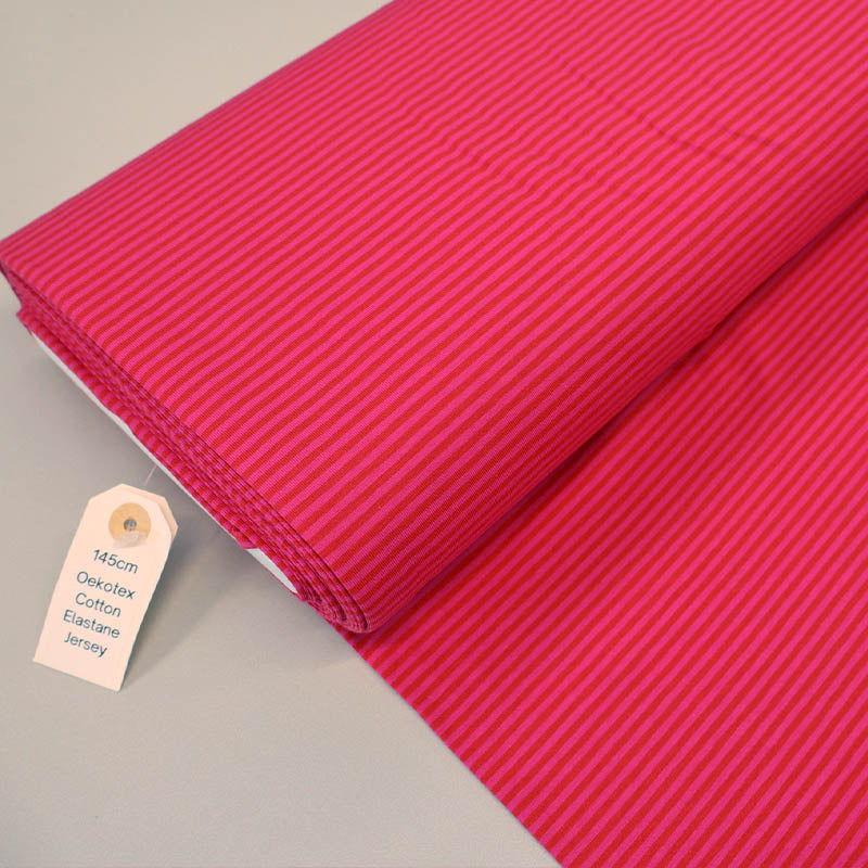 95% Cotton 5% Elastane Tricot Jersey Fabric - Narrow Bright Pink Two Tone Stripe