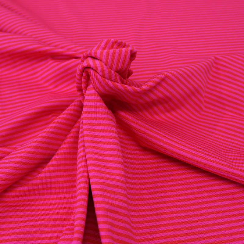 95% Cotton 5% Elastane Tricot Jersey Fabric - Narrow Bright Pink Two Tone Stripe