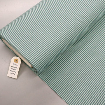 92% Cotton 8% Elastane Tricot Jersey Fabric - Narrow Green & Grey Stripe