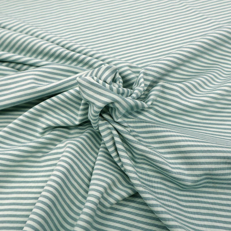 92% Cotton 8% Elastane Tricot Jersey Fabric - Narrow Green & Grey Stripe