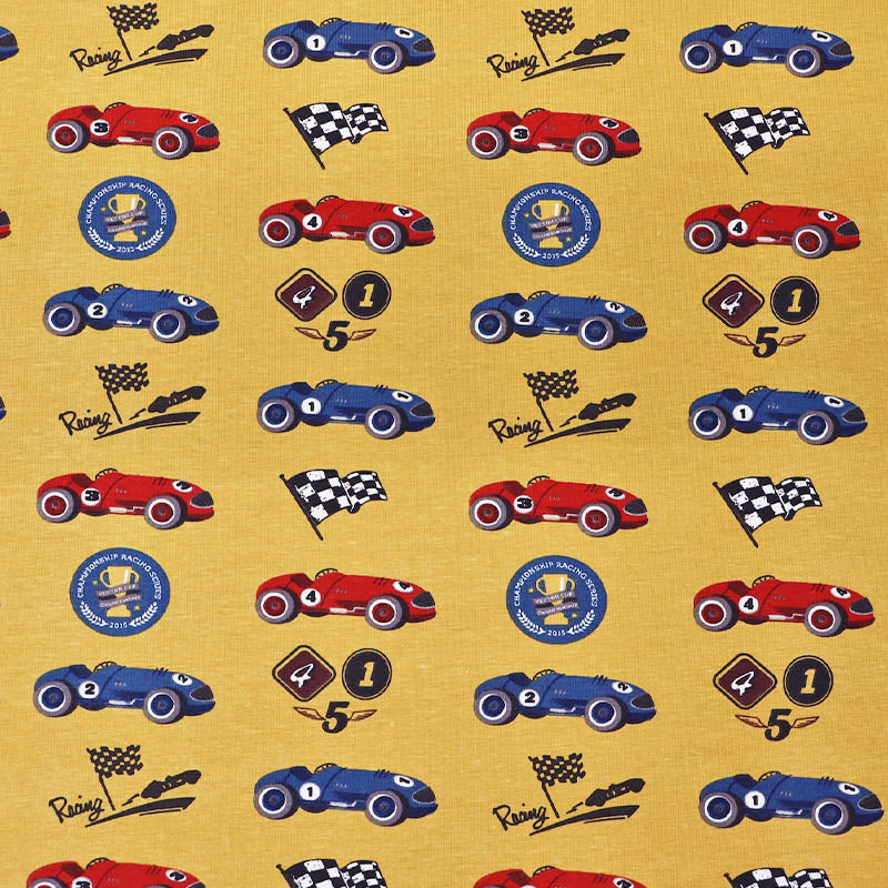 96% Cotton 4% elastane children's Jersey fabric with vintage racing cars, flags, and logos on a yellow background