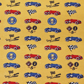 96% Cotton 4% elastane children's Jersey fabric with vintage racing cars, flags, and logos on a yellow background