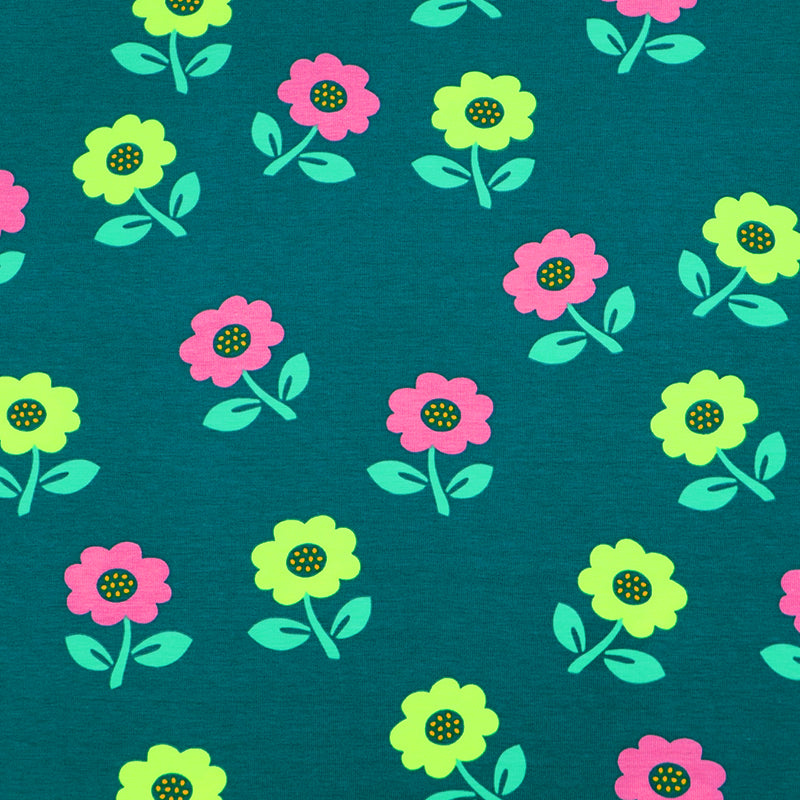 95% Cotton 5% Elastane Dark Green Jersey Fabric - Yellow and Pink Flowers