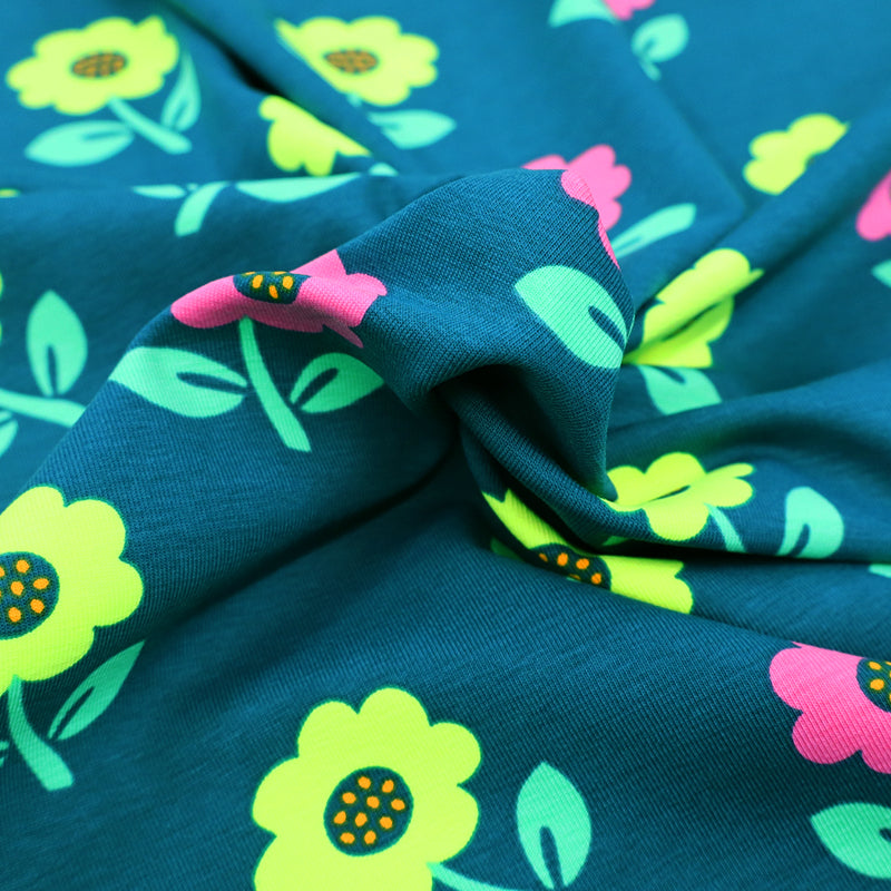 95% Cotton 5% Elastane Dark Green Jersey Fabric - Yellow and Pink Flowers