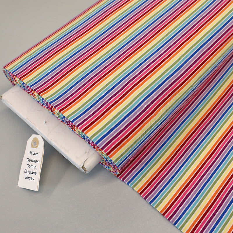 95% cotton 5% elastane Jersey Fabric - Multi Coloured Rainbow Stripe
