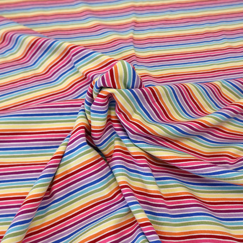 95% cotton 5% elastane Jersey Fabric - Multi Coloured Rainbow Stripe