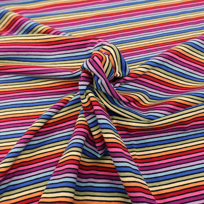 95% Cotton 5% Elastane Jersey Fabric - Multi Coloured Rainbow Stripe