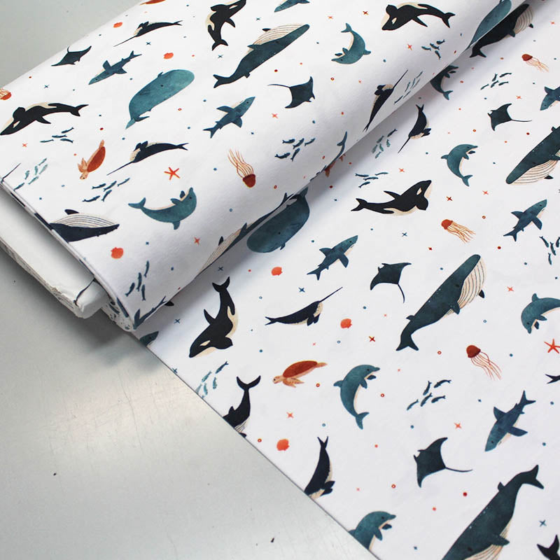 white jersey fabric with sea life design