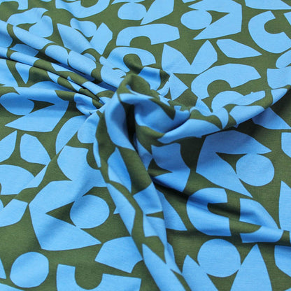 95% Cotton 5% Elastane  Blue and Khaki Green Bold Print Jersey Fabric