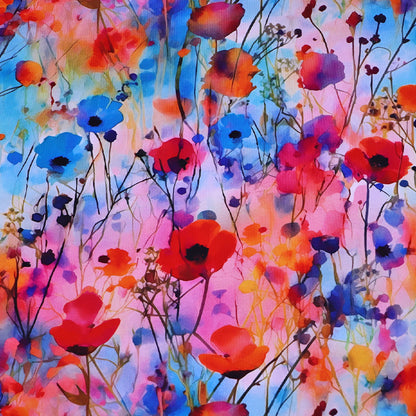 95% Cotton 5% Elastane Watercolour Floral Jersey Fabric - Digital Print in red, pink, orange and blue