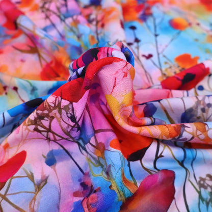 95% Cotton 5% Elastane Watercolour Floral Jersey Fabric - Digital Print in red, pink, orange and blue