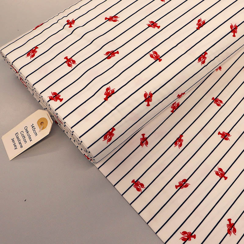 95% Cotton 5% Elastane White with Navy Striped Jersey Fabric - Lobster Print