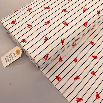 95% Cotton 5% Elastane White with Navy Striped Jersey Fabric - Lobster Print