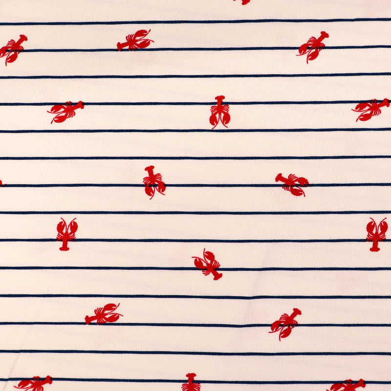 95% Cotton 5% Elastane White with Navy Striped Jersey Fabric - Lobster Print