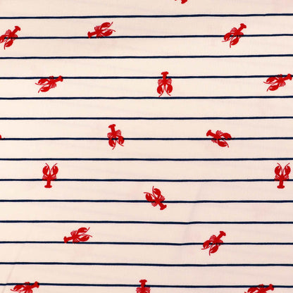 95% Cotton 5% Elastane White with Navy Striped Jersey Fabric - Lobster Print