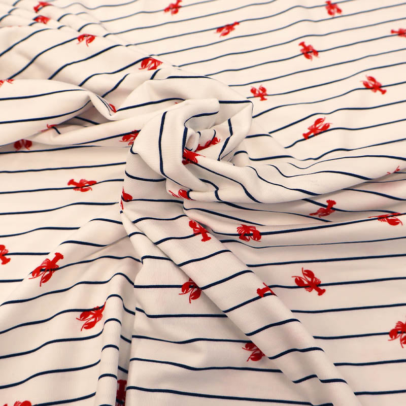 95% Cotton 5% Elastane White with Navy Striped Jersey Fabric - Lobster Print