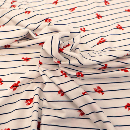 95% Cotton 5% Elastane White with Navy Striped Jersey Fabric - Lobster Print