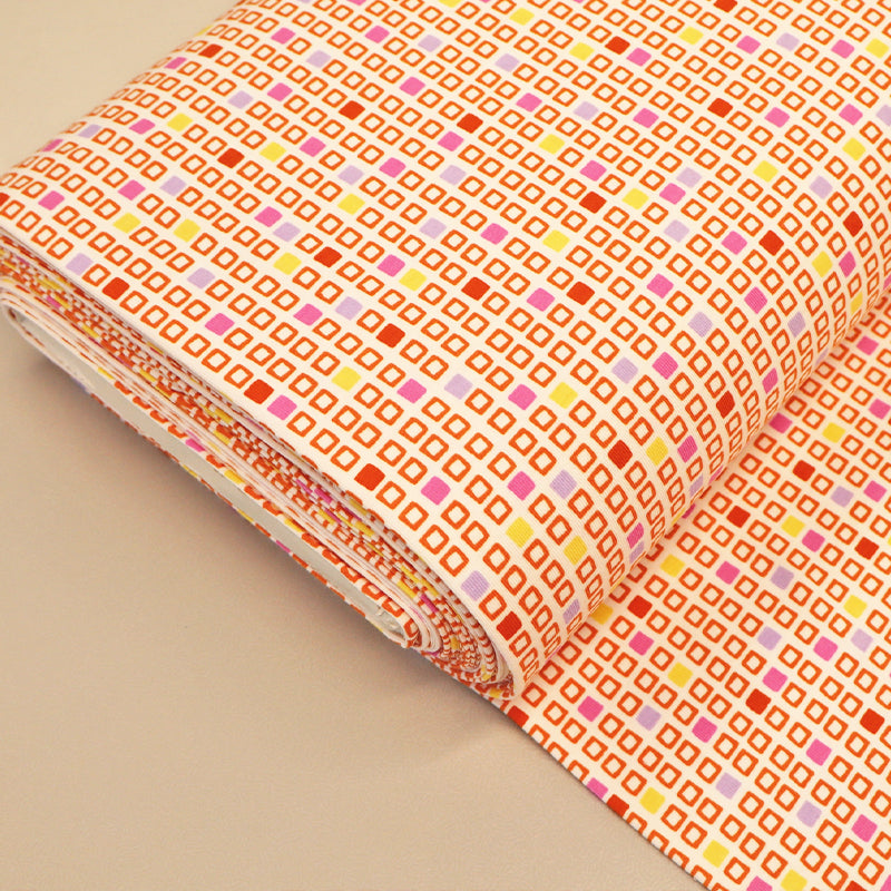 Cotton Elastane Jersey - White - Orange Squares