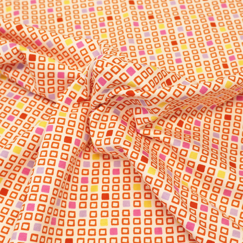 Cotton Elastane Jersey - White - Orange Squares