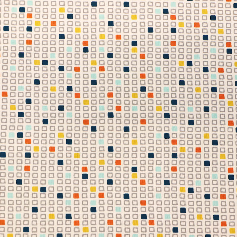 92% Cotton 8% Elastane JerseyFabric with a colourful square pattern on a beige background