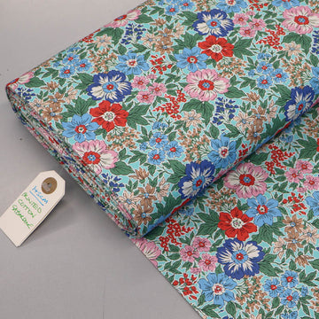 100% Cotton Gabardine Fabric - Blue Floral with Pink and Red flowers