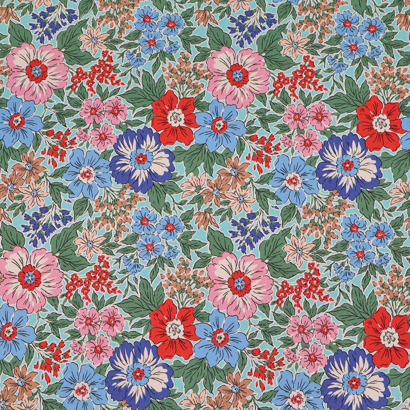 100% Cotton Gabardine Fabric - Blue Floral with Pink and Red flowers