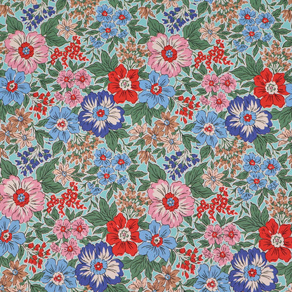 100% Cotton Gabardine Fabric - Blue Floral with Pink and Red flowers