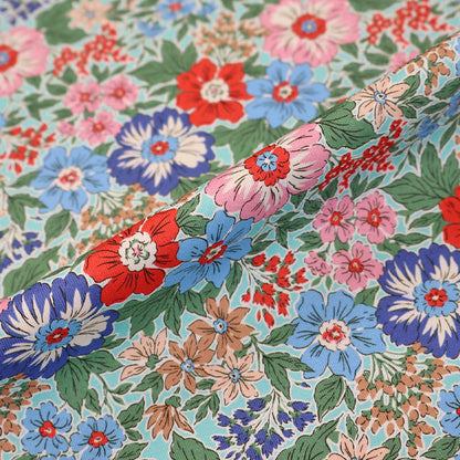 100% Cotton Gabardine Fabric - Blue Floral with Pink and Red flowers