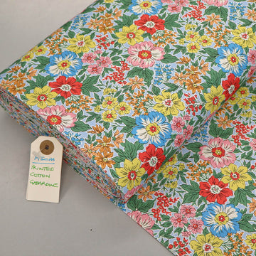 100% Cotton Gabardine Fabric - Yellow Floral with blue and pink flowers