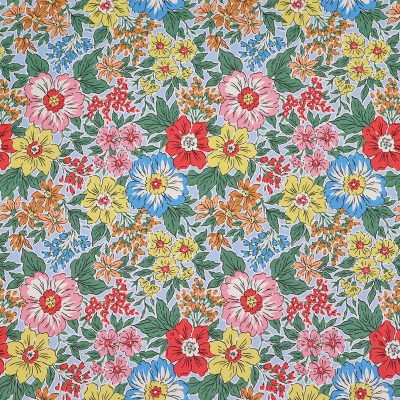 100% Cotton Gabardine Fabric - Yellow Floral with blue and pink flowers