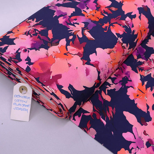Cotton Jersey - Blue - Pink Shadow Flower