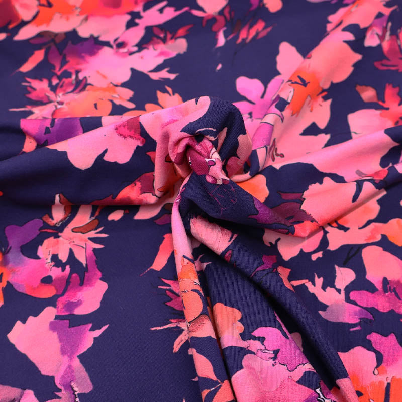 Cotton Jersey - Blue - Pink Shadow Flower