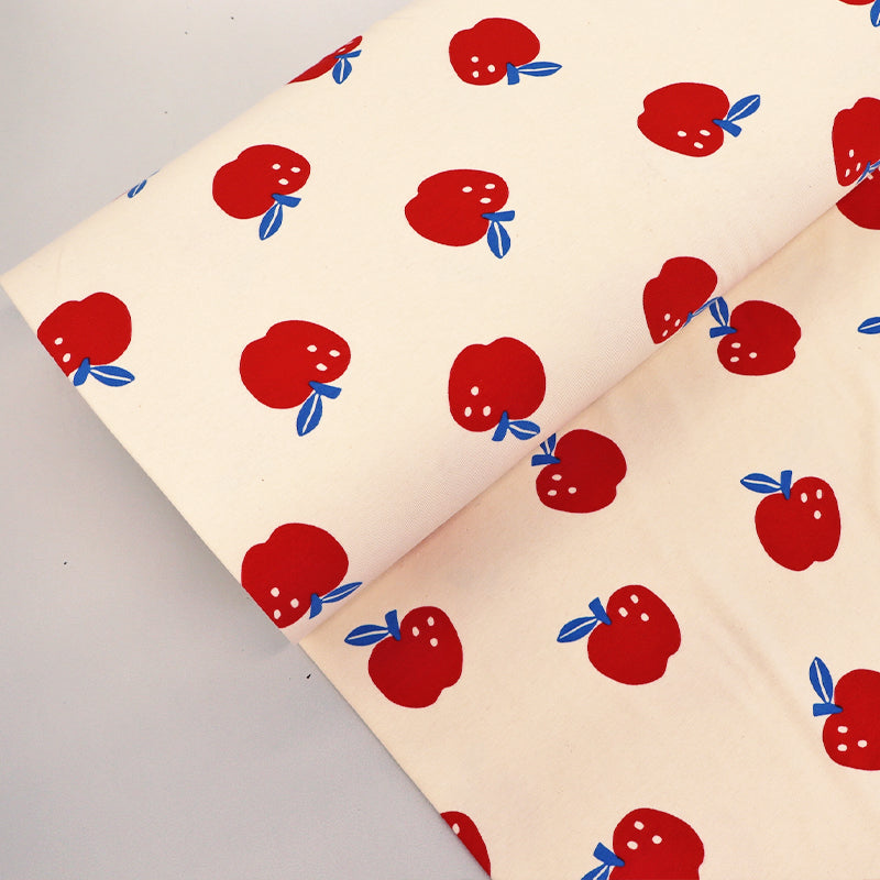 95% Organic Cotton 5% Elastane Cream Jersey Fabric - Red Apple Print